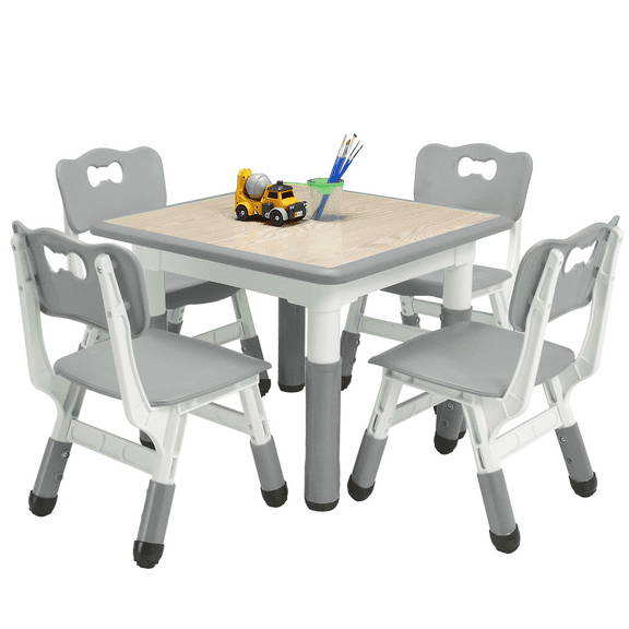 LIZHOUMIL Kids Table&Chairs Set Adjustable Height, 5-Piece Plastic Activity Table w/ Wipeable Desktop for Ages 2-10