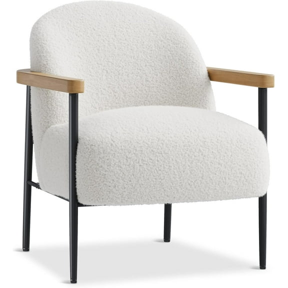 LIZHOUMIL Modern Accent Chair with Teddy Fabric, White Wood Arm Rest Chair for Living Room