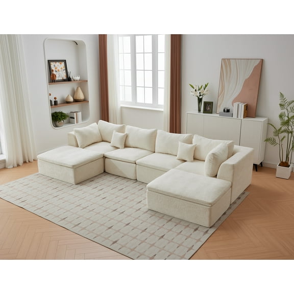 LIZHOUMIL Modular Cloud Sofa Set, Chenille U/L-Shape, 140"/110", Beige/Black/Gray