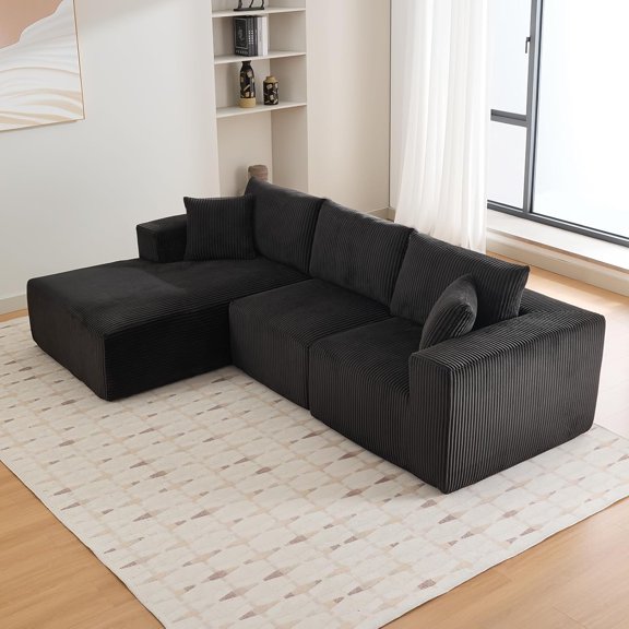 LIZHOUMIL Modular Sectional Sofa, Black Corduroy U/L-Shape w/ Chaise, No Assembly Required