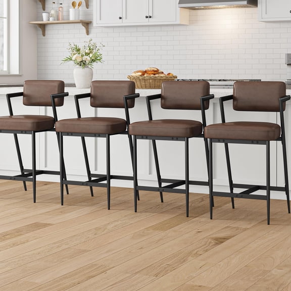 LIZHOUMIL Upholstered Bar Stools Set with Armrests & Backrest – 27" Counter Height, Thick Cushion, Sturdy Metal Legs, Footrest – Great for Kitchen Island, Bar – Rustic Brown – 3 Sets (6 Chairs)