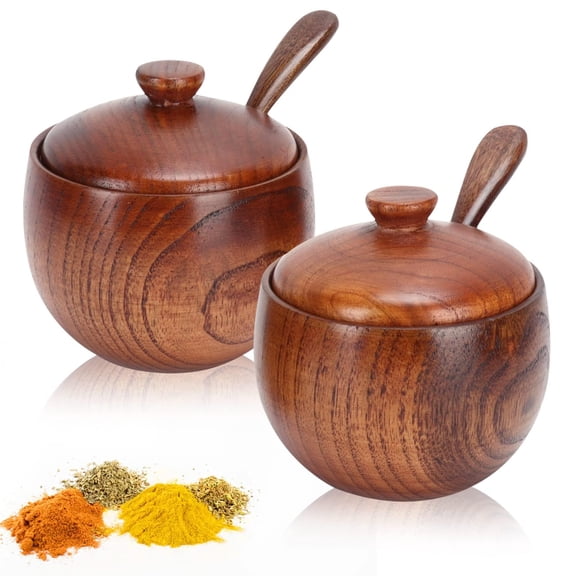 LIZONGZ 2 Sets Sugar Bowl with Lid and Spoon, Wooden Condiment Jar Spice Container Sugar Container Sugar Jar Condiment Canisters Pots Seasoning Box Salt Container for Kitchen