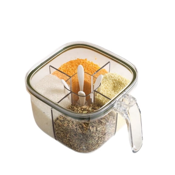LIZONGZ Clear Box, 4-Compartment Sealed Container Set with Lid, Cover & Serving Spoons, Plastic Kitchen Condiment Jars to Store Salt, Pepper, Powder