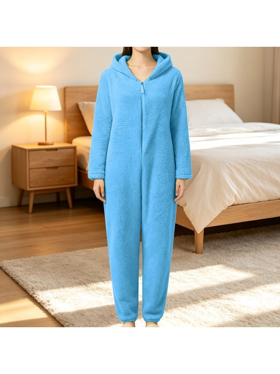 Under $12 Fall Cozy Onesie for Women Plush Fleece Hooded Zip Up Footie Solid Color Holiday Sleepwear Party Costume Nightwear Long Sleeve Long Pants Ankle Cuff, L