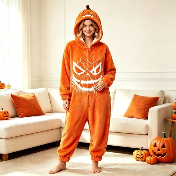 LIZUOJUN Under $13 Women's Halloween Sleepwear Onesie Hooded Zip Up Footie Pumpkin Print Soft Fabric Fun Party Costume Gift Idea Holiday Season Nightwear Comfortable, S