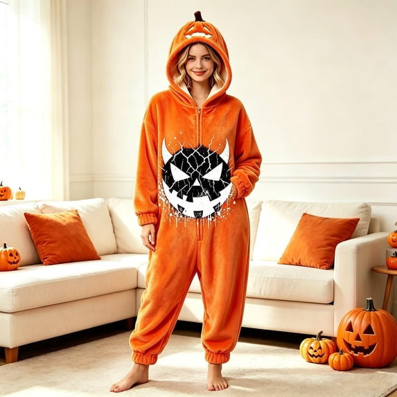 LIZUOJUN Under $14 Women's Halloween Sleepwear Onesie Hooded Zip Up Footie Pumpkin Print Soft Fabric Fun Party Costume Gift Idea Holiday Season Nightwear Comfortable, L