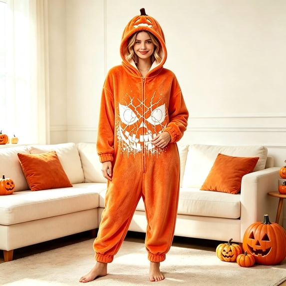 LIZUOJUN Under $14 Women's Halloween Sleepwear Onesie Hooded Zip Up Footie Pumpkin Print Soft Fabric Fun Party Costume Gift Idea Holiday Season Nightwear Comfortable, 2XL