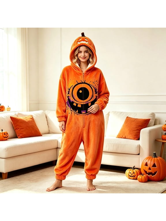 Under $14 Women's Halloween Sleepwear Onesie Hooded Zip Up Footie Pumpkin Print Soft Fabric Fun Party Costume Gift Idea Holiday Season Nightwear Comfortable, L