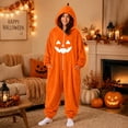 thumbnail image 1 of LIZUOJUN Under $15 Women Halloween Onesie Pajamas Hooded Zip Up Footie Pumpkin Print Soft Fabric Cosplay Costume For Holiday Parties Cozy Nights Sleepover Orange Flannel, 2XL, 1 of 7