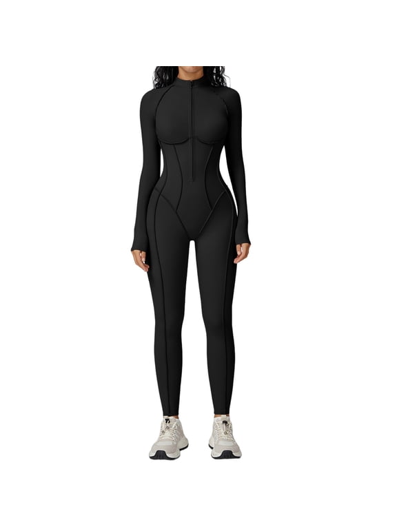 Under $ 15 Women'S Long Sleeve Stand Collar Zip Front Seam Contour Jumpsuit High Waist Tight Fit Yoga Bodysuit For Workout Running Activewear Black,S