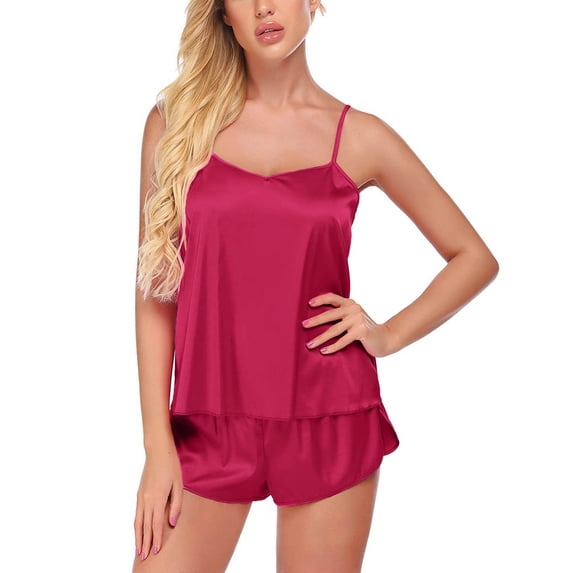 LIZUOJUN 2 Piece Pajama Set For Women V Neck Camisole Side Split Shorts Summer Sleepwear Soft Satin Lightweight Breathable Loungewear Home Pajamas - M