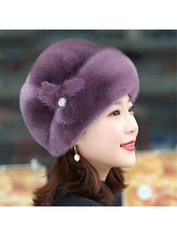 Under $3 Beanie Winter Hat For Women Faux Fur Dress Hat Windproof Plush Warm Fur Lined Headwear Head Circumference 56-58cm For Winter Outdoor Daily Use Purple