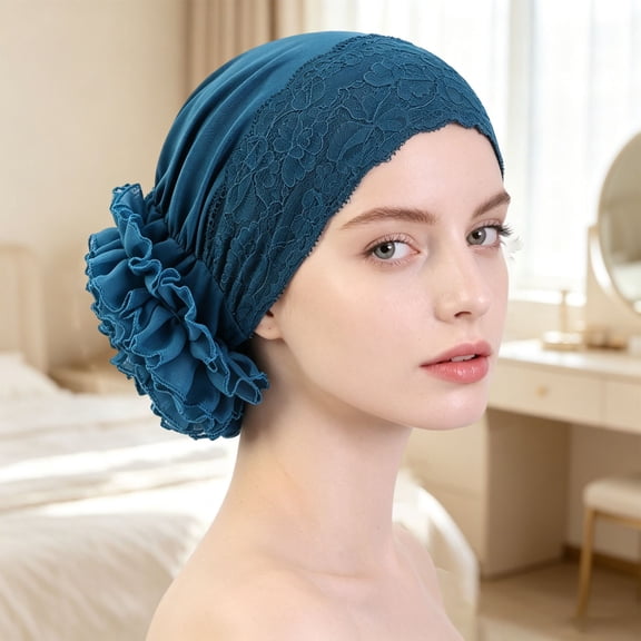 LIZUOJUN Under $3 Head Covering Wrap Elegant Lace Front Ruffle Side Flower Turban For Women Elastic Hijab Undercap Cover Chemo Head Wrap Daily Prayer Headscarf Multiple Colors, Sky Blue,One Size