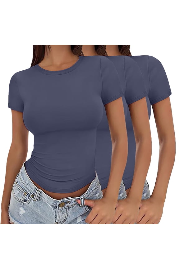 3 Pack Women's Short Sleeve Solid Color Short Sleeve Crew Neck Crop Tops Polyester Spandex Stretch Slim Fit Basic T-Shirts Multipack Multicolor1 XL