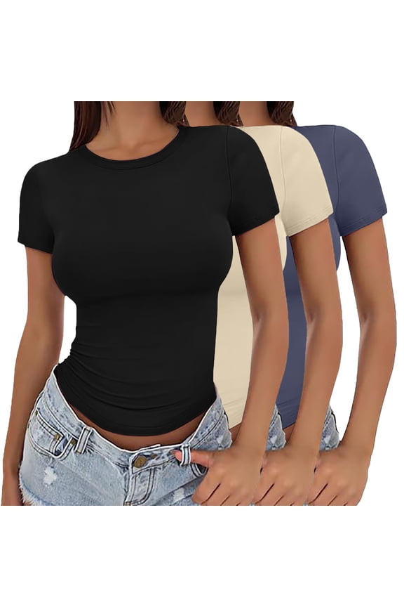 3 Pack Women's Short Sleeve Solid Color Short Sleeve Crew Neck Crop Tops Polyester Spandex Stretch Slim Fit Basic T-Shirts Multipack Multicolor3 L