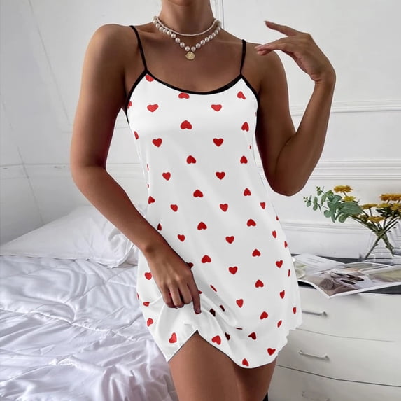 LIZUOJUN Under $3 Slip Dress Nighty Women Nightgown Lustrous Satin Adjustable Thin Spaghetti Strap Round Neck Allover Heart Print Curved Hem Lightweight Summer Indoor Loungewear XL