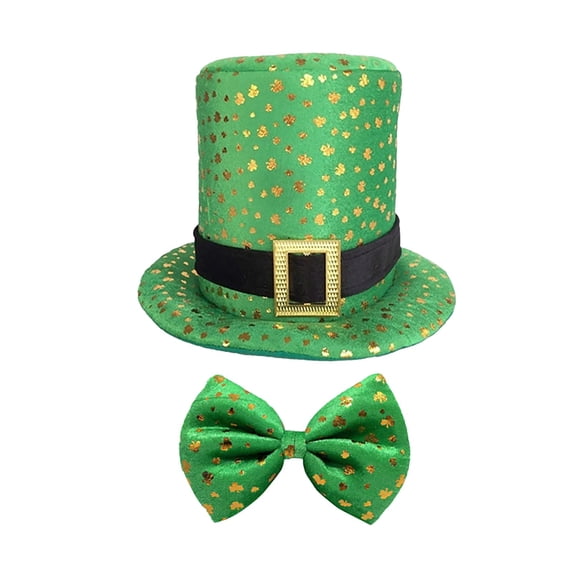 LIZUOJUN Under $3 St. Patrick'S Day Leprechaun Costume Set, Green Clover Print Tall Top Hat With Gold Buckle & Matching Bow Tie, Irish Festival Parade Party Accessory Kit JN,One Size