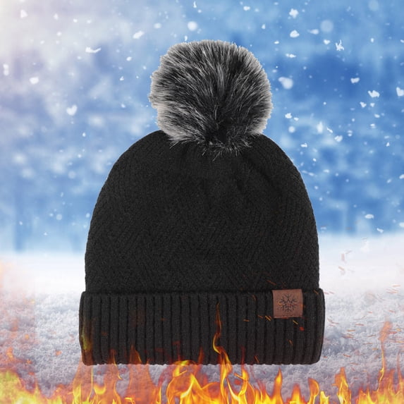 LIZUOJUN Under $3 Winter Beanie Hats for Men and Women Double Layer Fleece Lined Pom Pom Knit Skull Cap with Ear Flap Warm Windproof Outdoor One Size Black