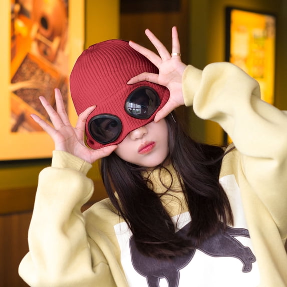 LIZUOJUN Under $3 Winter Ski Hats for Men and Women Fleece Lined Beanie with Goggles Strap Warm Knit Skull Cap Snowboarding Cold Weather One Size Wine Red