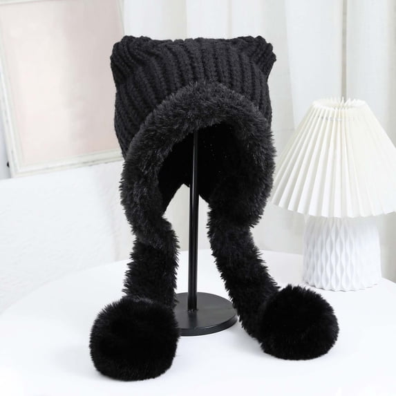 LIZUOJUN Under $3 Women Cute Cat Ear Double Pom Pom Tassel Knit Beanie One Size Soft Windproof Ear Protection Autumn Winter Fashion Warm Head Cap Black