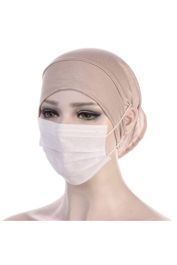 Under $3 Women Double Layer Undercap Hijab With Ear Hole For Mask Soft Stretch Solid Color Turban Head Wrap Chemo Headwear Daily Hair Cover Beige,One Size