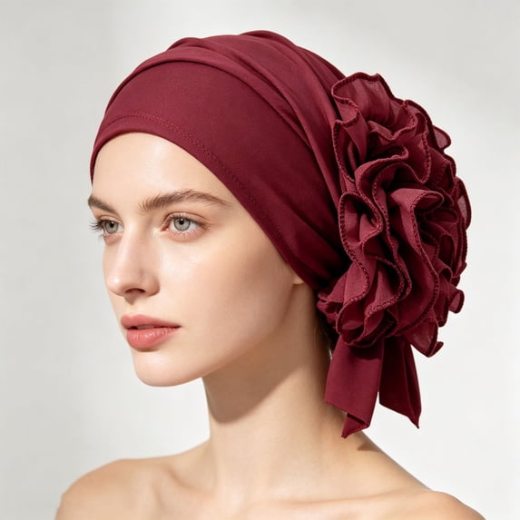 LIZUOJUN Under $3 Women Elegant Head Wrap Pre Tied Ruffled Turban Decorative Floral Elastic Hijab Cap Hair Cover For Daily Prayer Multiple Colors, Wine,One Size