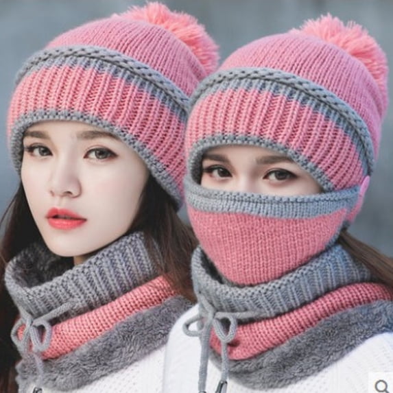 LIZUOJUN Under $4 3 In 1 Fleece Lined Knit Beanie Scarf Face Mask Set One Size Soft Knit Fabric Windproof Winter Hat Neck Gaiter Combo For Men Women Outdoor Sports Head Accessories Pink