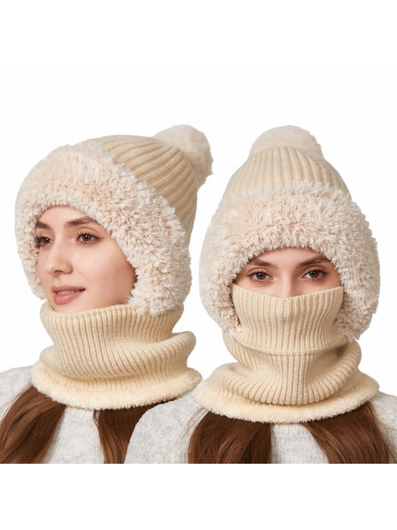 Under $4 Balaclava Hat 3 In 1 Integrated Trapper Hat One Size Polyester Cotton Fabric Windproof Full Head Neck Face Protection Autumn Winter Warm Knit Headwear Beige