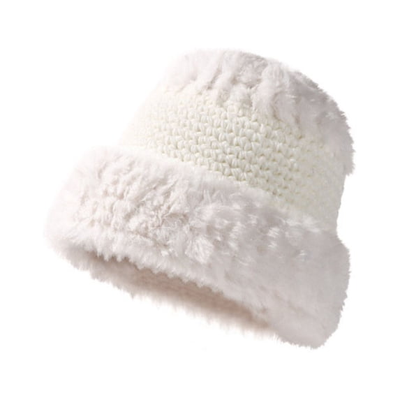 LIZUOJUN Under $4 Bucket Hat Two Tone Curly Plush Spliced Fisherman For Women One Size Polyester Fabric Thick Windproof Warm Autumn Winter Casual Head Cap White