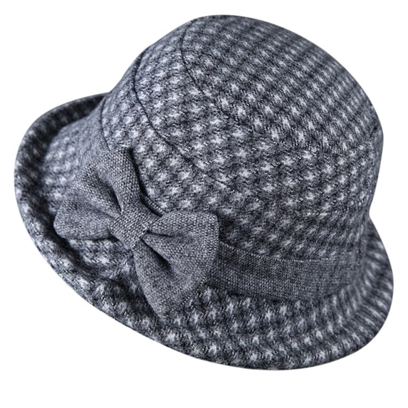 LIZUOJUN Under $4 Bucket Hat Women Wool Cloche Hat Houndstooth Plaid Bow Decor Short Curved Brim Vintage Fall Winter Dress Hat For Tea Party Daily Dark Gray,M