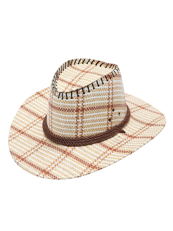 Under $4 Western Cowboy Hat For Men Women Straw Cowgirl Hat Plaid With Rope Band Panama Hat Wide Brim Cattleman Hats UV Protection Summer Beach Sun Hat Red,One Size
