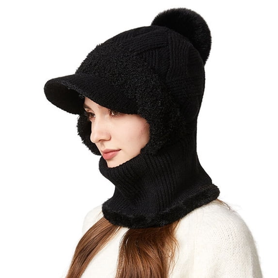 LIZUOJUN Under $5 3 In 1 Peaked Brim Trapper Balaclava Hat Unisex One Size Polyester Cotton Fabric Windproof Neck Face Integrated Warm Knit Headwear For Autumn Winter Black