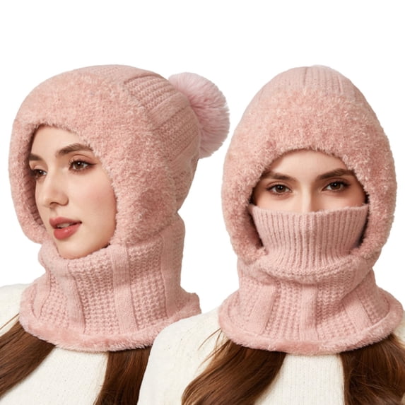 LIZUOJUN Under $5 Balaclava Hat 3 In 1 Integrated Trapper Hat One Size Polyester Cotton Fabric Windproof Full Head Neck Face Protection Autumn Winter Warm Knit Headwear Pink
