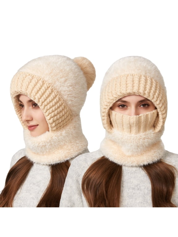 Under $5 Balaclava Hat 3 In 1 Integrated Trapper Hat One Size Polyester Cotton Fabric Windproof Full Head Neck Face Protection Autumn Winter Warm Knit Headwear Beige