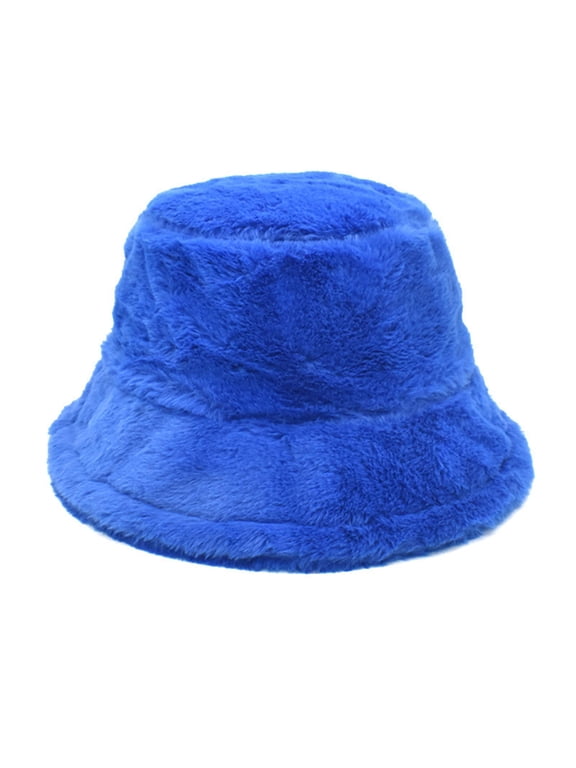 Under $5 Bucket Hat Faux Fur Solid Color Windproof Soft Fluffy Warm Unisex Travel Fisherman Hat Winter Sun Hats For Women Daily Outdoor Blue,M