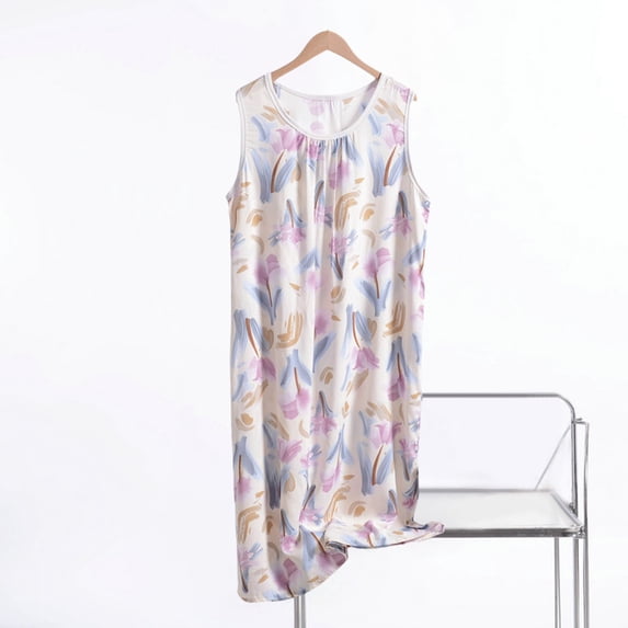 LIZUOJUN Under $5 Lounge Dress Nighties Long Nightgowns For Women Sleeveless Round Neck Floral Print Loose Maxi Length With Side Pockets Plus Size Breathable Summer Indoor Loungewear 5XL