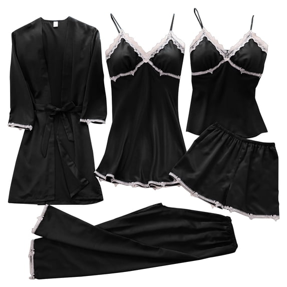 LIZUOJUN 5 Piece Satin Pajama Set For Women Lace Trim Robe Nightgown Camisole Shorts Pants Built In Bra Soft Breathable Lightweight Loungewear - L
