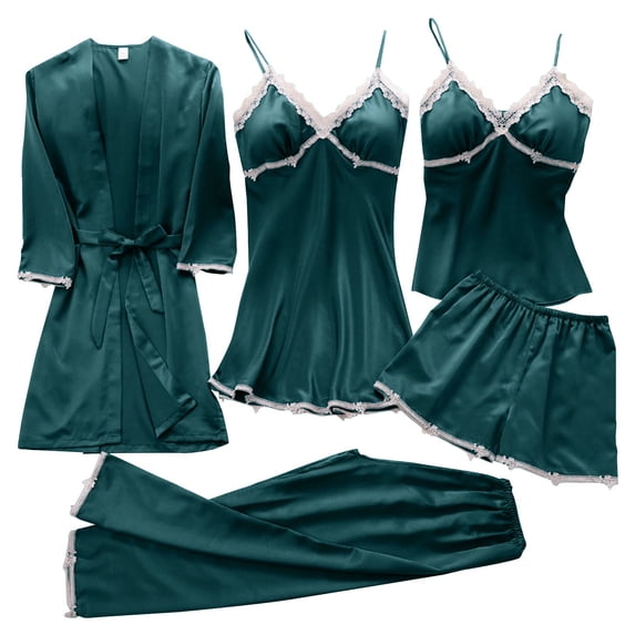 LIZUOJUN 5 Piece Satin Pajama Set For Women Lace Trim Robe Nightgown Camisole Shorts Pants Built In Bra Soft Breathable Lightweight Loungewear - M