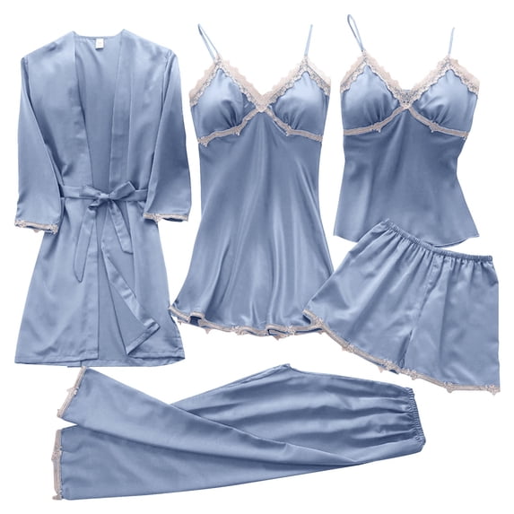 LIZUOJUN 5 Piece Satin Pajama Set For Women Lace Trim Robe Nightgown Camisole Shorts Pants Built In Bra Soft Breathable Lightweight Loungewear - M