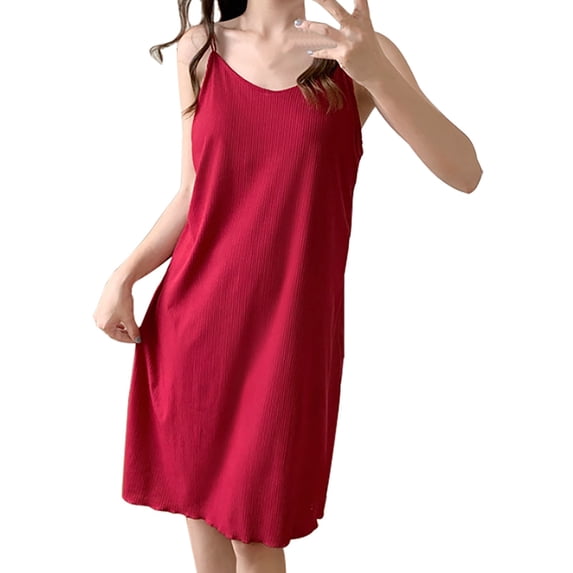 LIZUOJUN Under $5 Slip Dress Nighty Women Nightgown Soft Vertical Ribbed Knit Fixed Thin Spaghetti Strap V Neck Solid Color Wavy Hem Knee Length Breathable Summer Indoor Loungewear M