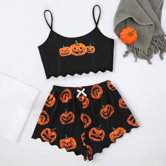 LIZUOJUN Under $5 Women Halloween Pajama Set 2 Piece Jack-O-Lantern Print Soft Sleeveless Top & Shorts Knit Cami Top with Spaghetti Straps & Shorts Orange Base Soft Fabric, XL