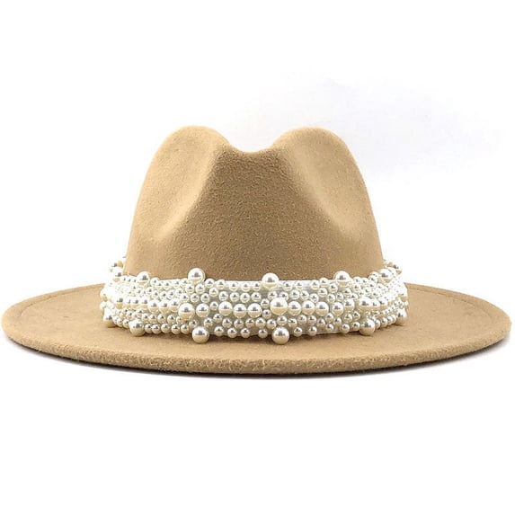 LIZUOJUN Under $5 Women Wide Brim Felt Fedora Hat With Multi-Layer Pearl Band, Vintage Elegant Dress Hat Formal Party Wedding Panama Hat Cocktail Party Travel Beige,L