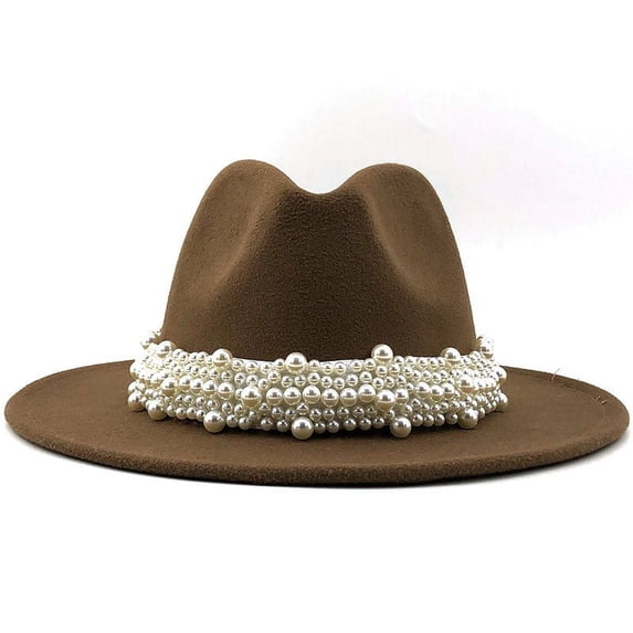 LIZUOJUN Under $5 Women Wide Brim Felt Fedora Hat With Multi-Layer Pearl Band, Vintage Elegant Dress Hat Formal Party Wedding Panama Hat Cocktail Party Travel Brown,M