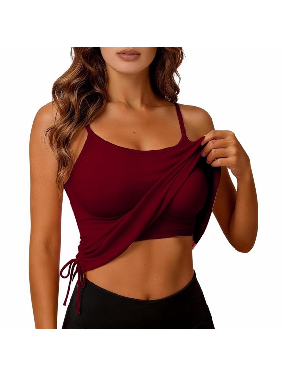 Under $8 Tank Tops for Women Built-in Bra Racerback Slim-Fit Camisole Plus Size Sleeveless Casual Shirts Trendy Workout Tops For Athletic Running Gym Yoga, Red, Camisole, L