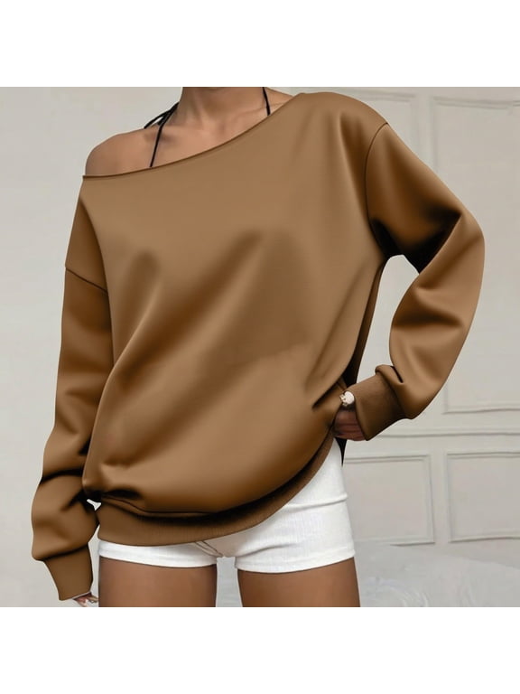 Under $8 Womens Oversized Sweatshirt Boat Neck Ribbed Cuffs And Hem Drop Shoulder Soft Look Light Layering Classic Warm Thoughtful Gift Solid Long Length, XL
