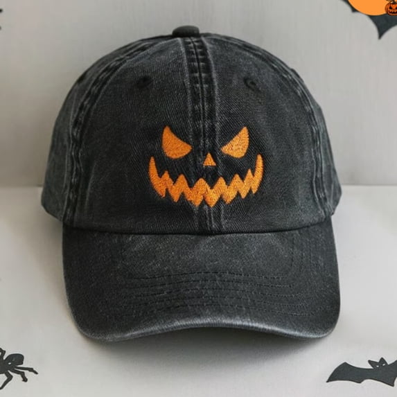 LIZUOJUN Baseball Cap for Men and Women Halloween Pumpkin Face Embroidered Hat Washed Vintage Adjustable Soft Cotton Low Profile Casual Hat, A