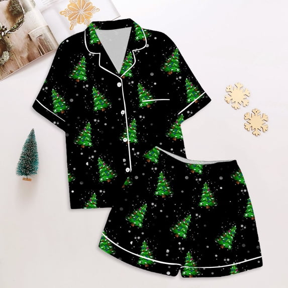 LIZUOJUN Christmas Pajama Set for Women Two Piece Short Sleeve Notch Collar Button Front Top and Matching Shorts Silky Satin Sleepwear Festive Print Holiday Loungewear, XXL
