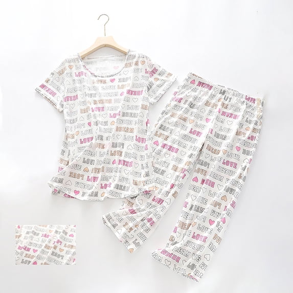 LIZUOJUN Cotton Pajamas for Women V Neck Short Sleeve Capri Pants Floral Print Soft Breathable Sleepwear Loungewear 2 Piece Set Summer Spring Warm Weather - L