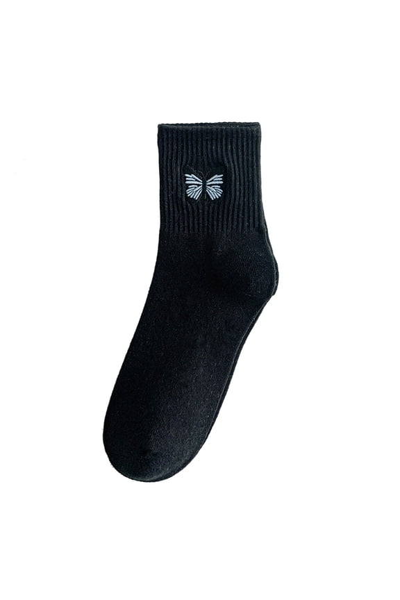Crew Socks Butterfly Embroidered Soft Breathable Cotton Comfortable Stretchy Durable Moisture Wicking Reinforced Heel, Women Casual Calf Socks, Black