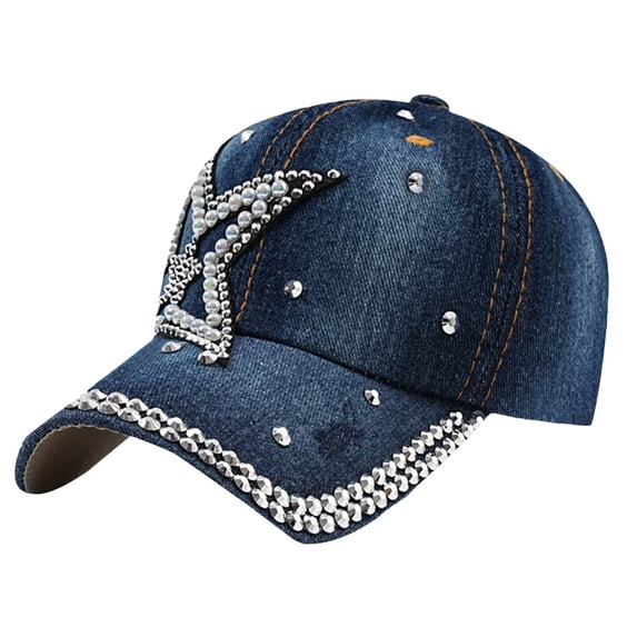 LIZUOJUN Denim Rhinestone Cap Acrylic Fabric Six Panel Unstructured Adjustable UV Protection Birthday Party Daily, Blue, Daily sun shade hat